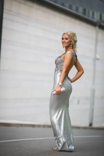 Shallow Focus Vertical Shot Young Woman Posing Silver Dress Front — Zdjęcie stockowe