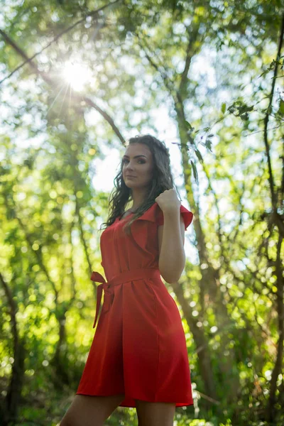 Shallow Focus Shot Young Woman Standing Outdoors Red Dress — Stock fotografie