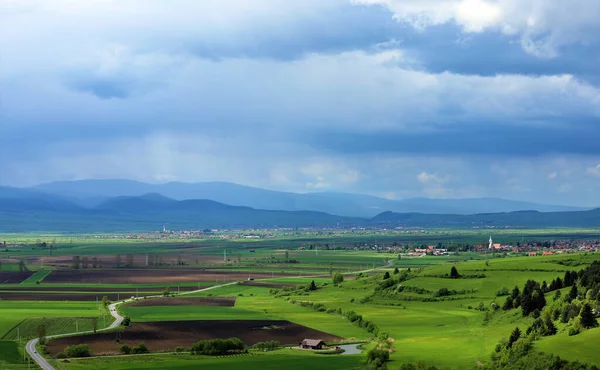 Beautiful Rural Landscape Fresh Green Fields Dramatic Sky Romania — Stock Photo, Image