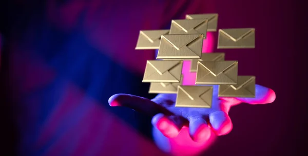 Person Presenting Virtual Projection Many Letter Envelopes — Stock Photo, Image