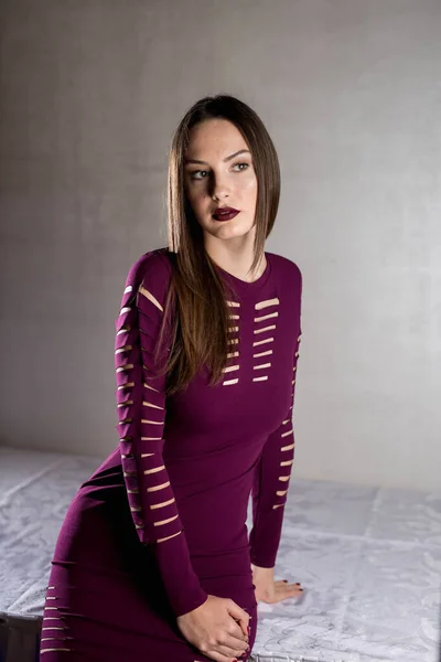 Shallow Focus Closeup Shot Young Female Purple Dress Posing Room — Photo