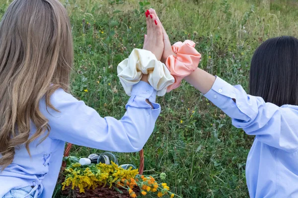 Uma Visão Traseira Das Fêmeas Com Belos Scrunchies Moda Suas — Fotografia de Stock