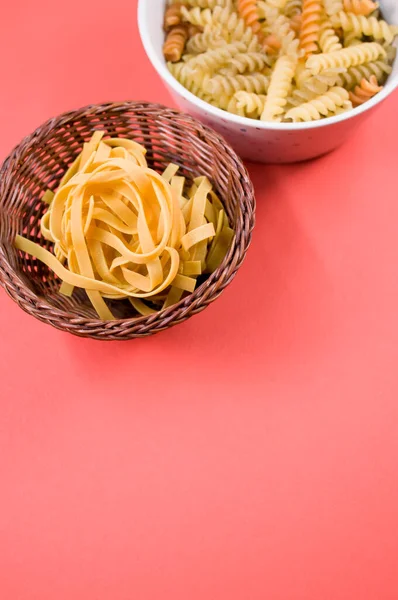 Vertical Shot Tri Color Rotini Fettuccine Pasta Bowl Isolated Pink — Stock Photo, Image