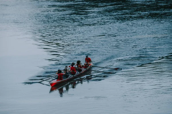 Una Barca Remi Con Diversi Vogatori Sul Fiume Tevere Roma — Foto Stock