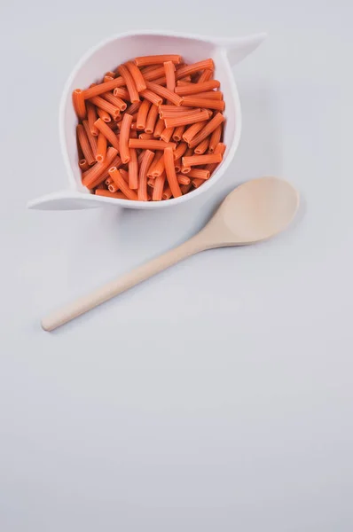 Bowl Dry Macaroni Pasta Wooden Spoon Isolated White Background Free — Stock Photo, Image