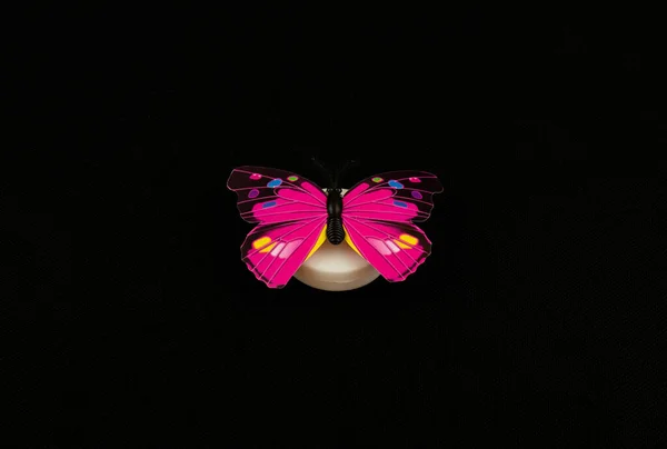 Una Mariposa Decorativa Rosa Aislada Sobre Fondo Negro —  Fotos de Stock