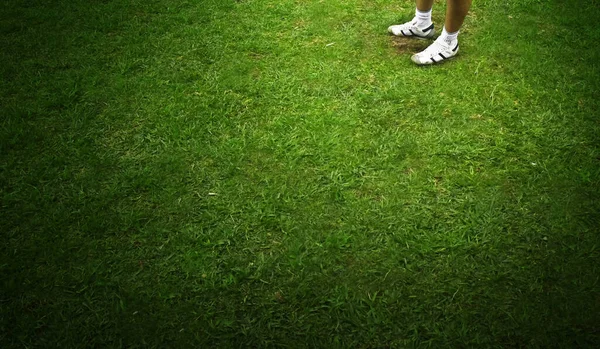 Masculino Pés Vestindo Esporte Tênis Verde Gramado — Fotografia de Stock