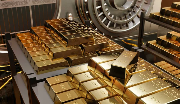 A 3D rendering illustration of gold ingot, bullion gold, gold bars, bank vault