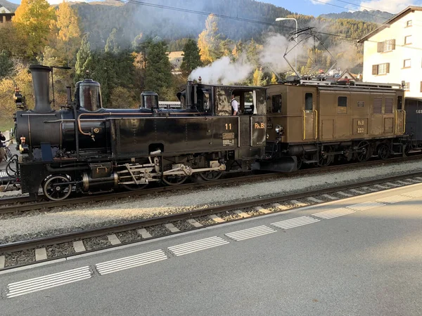 Samedan Suiza Octubre 2018 Primer Plano Locomotora Vapor Del Rhb —  Fotos de Stock