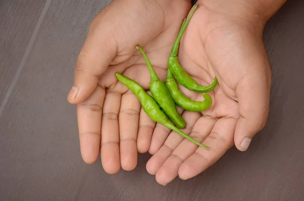 Top View Green Fresh Chili Peppers Person Hand Brown Surface — Stock Photo, Image