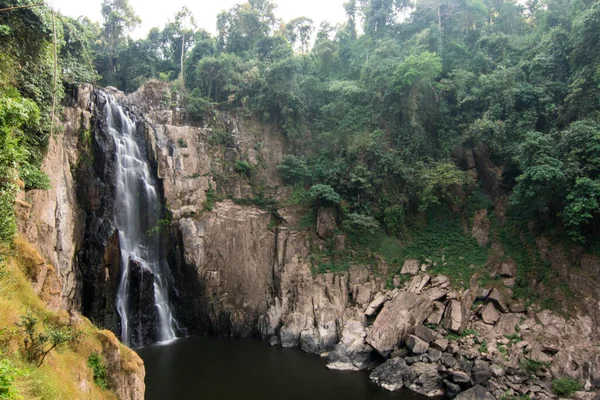 Uma Cachoeira Saindo Penhasco Com Árvores Fundo — Fotografia de Stock