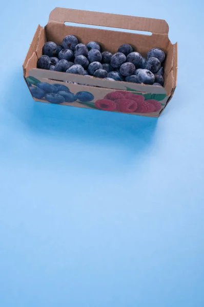 Vertical Shot Delicious Blueberries Paper Box Isolated Blue Background — Stock Photo, Image