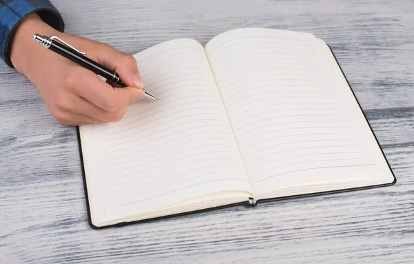 Escribir Libro Espacio Copia Vacío Para Texto Mano Con Bolígrafo —  Fotos de Stock