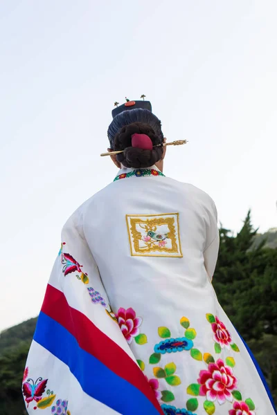 Una Vista Posteriore Una Femmina Che Indossa Hanbok Tradizionale Con — Foto Stock