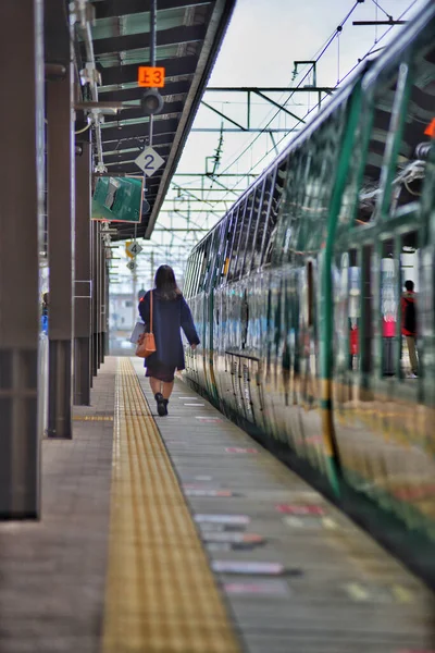 Zdjęcie Kobiety Idącej Obok Pociągu Dworcu Kolejowym Japonii — Zdjęcie stockowe