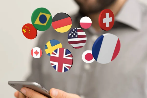 Manlig Hand Håller Smartphone Nära Återgivning Internationella Flaggor — Stockfoto