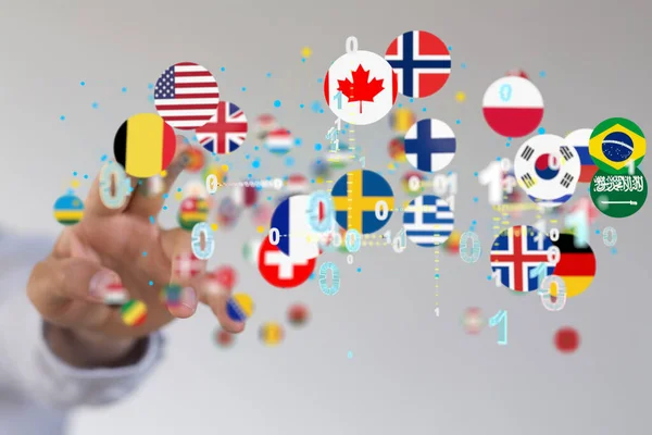 Hand Som Väljs Från Ett Sammankopplat Nätverk Internationella Flaggor — Stockfoto