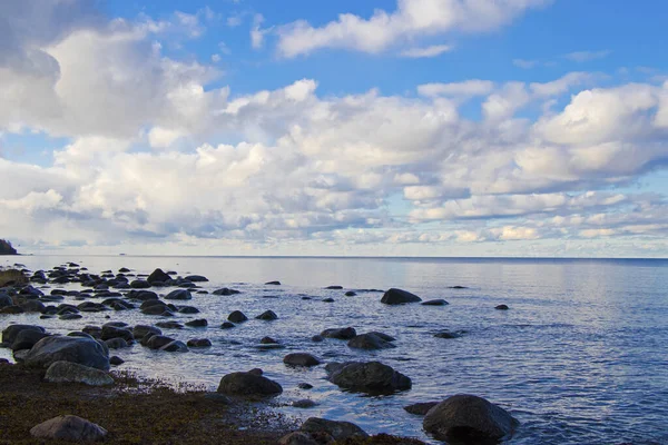 Una Vista Panorámica Una Tranquila Costa Rocosa Bajo Cielo Nublado —  Fotos de Stock