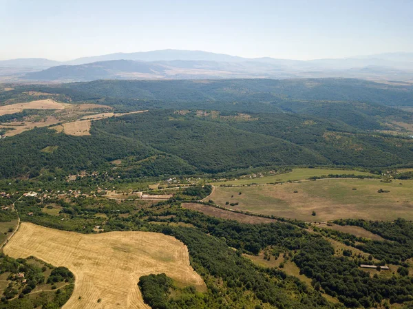 Letecký Pohled Zemědělská Pole Hustými Stromy Horami Pod Modrou Jasnou — Stock fotografie