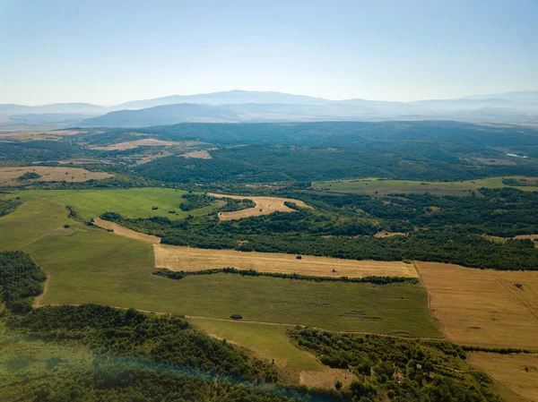 Aerial View Agricultural Fields Dense Trees Mountains Blue Clear Sky — Stock Photo, Image