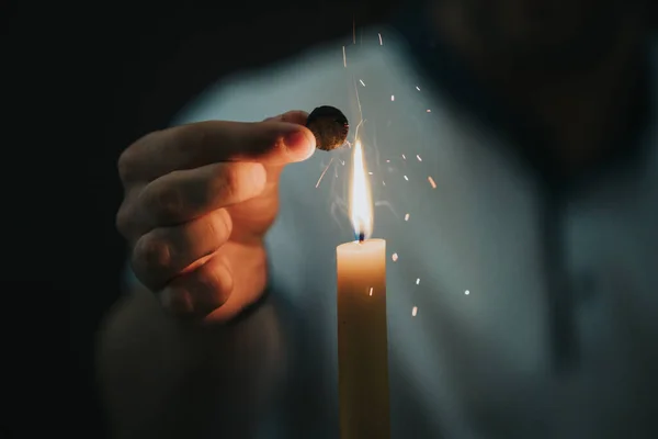 Closeup Shot Male Hand Burning Something Candle Fire — Stock Photo, Image