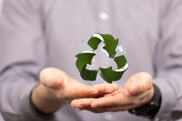 Ein Gerendertes Volumetrisches Grünes Recyclingschild Das Der Hand Einer Person — Stockfoto