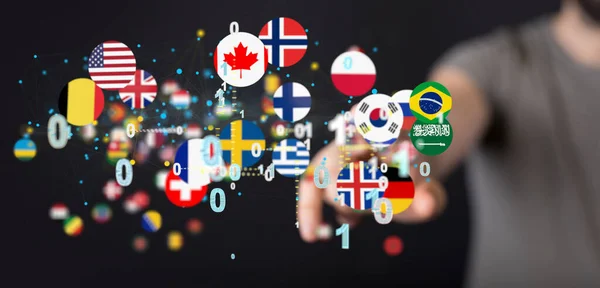 Прикосновение Пальца Цифровой Концепции Связи Плавающими Иконками Флага — стоковое фото