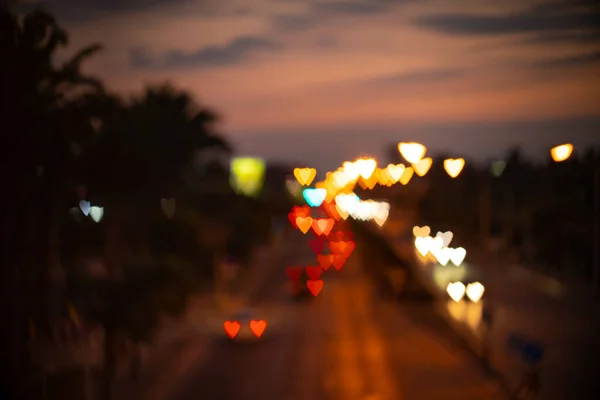 Blurry Heart Shaped Bokeh Lights Street Night — Stock Photo, Image