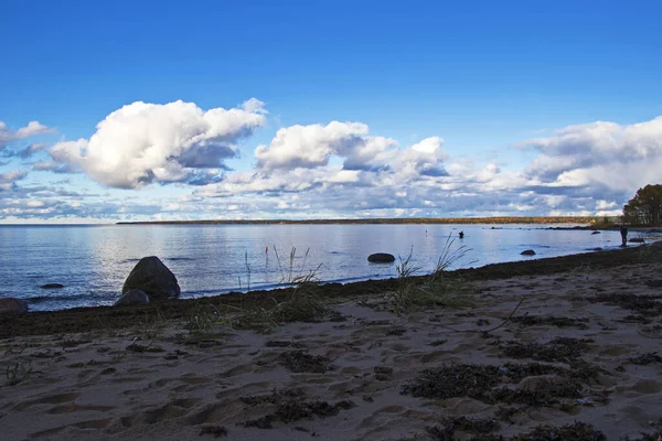 Scenic View Calm Sandy Shore Cloudy Sunset Sky — Stock Photo, Image