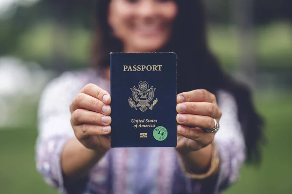 Young Cheerful Caucasian Female Holding Passport — Stock Photo, Image