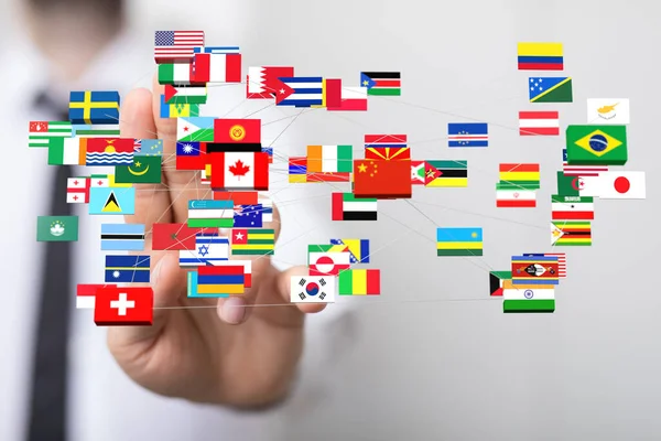 Человек Виртуальными Национальными Флагами Разных Стран Символизирующими Партнерство Единство — стоковое фото