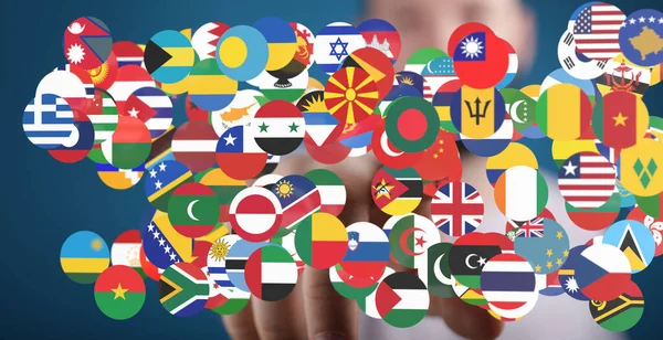 Hand Selecting Interconnected Network International Flags — Stock Photo, Image