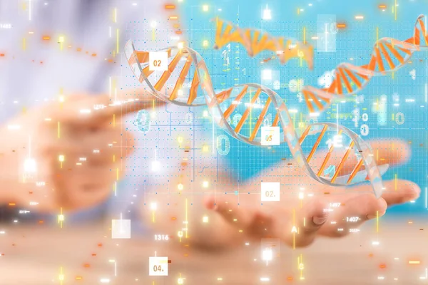 Persons Hand Vidrör Renderat Dna Hologram — Stockfoto