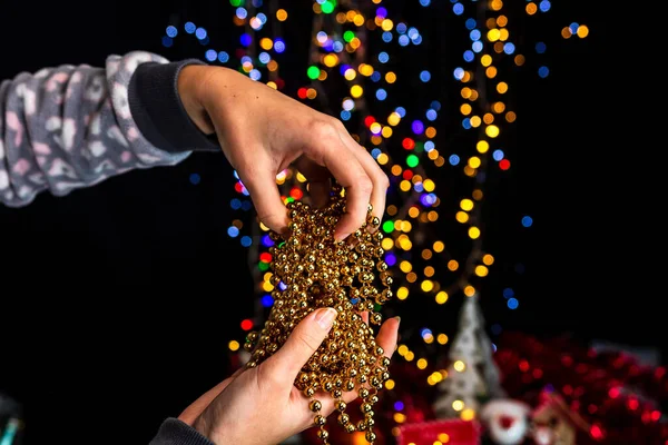 Vertical Closeup Shot Hand Holding Christmas Decoration Background Bokeh Lights — Stock Photo, Image