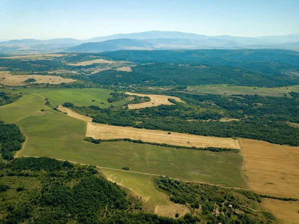 Uma Vista Aérea Campos Agrícolas Com Árvores Densas Montanhas Sob — Fotografia de Stock