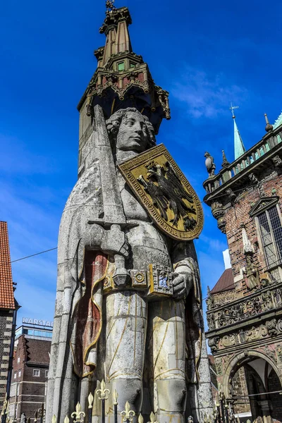 Bremer Roland Estátua Localizada Frente Casa Cidade Velha Bremen Alemanha — Fotografia de Stock