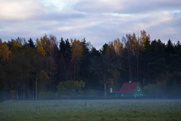 Una Vista Panorámica Una Antigua Casa Bosque Con Campo Niebla — Foto de Stock