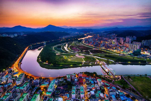 Vue Aérienne Paysage Urbain Une Belle Rivière Coucher Soleil Ulsan — Photo