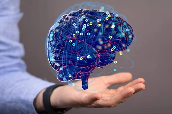 Concetto Virtuale Intelligenza Artificiale Con Cervello Umano Una Mano — Foto Stock