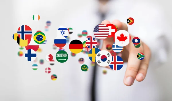 Man Holding Virtual National Flags Different Countries — Stock Photo, Image