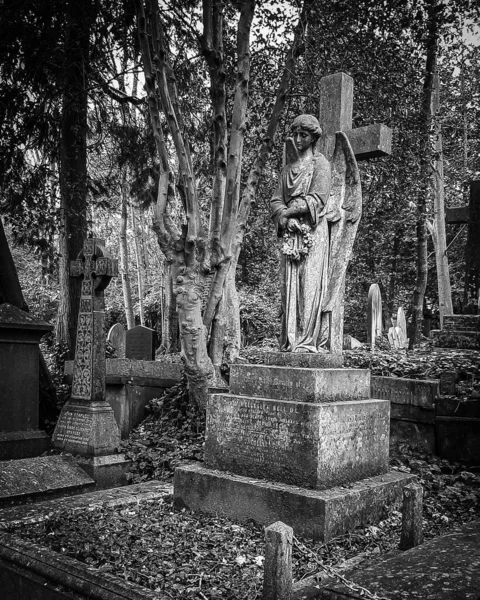 Vertical Grayscale Shot Tobstone Highgate Cemetery London Angel Statue — Stock Photo, Image