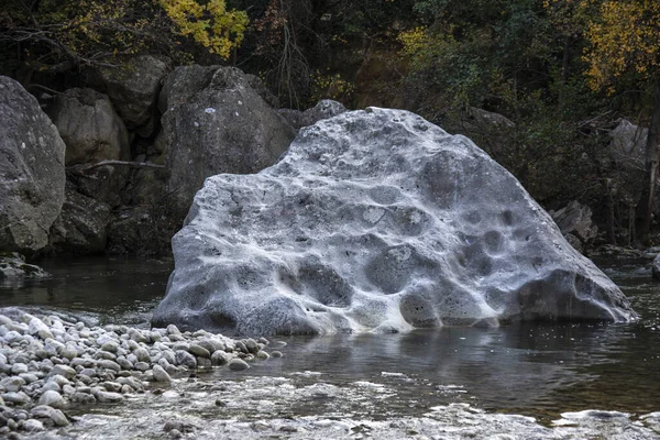 Uno Stretto Ruscello Circondato Rocce Alberi Una Foresta Alla Luce — Foto Stock