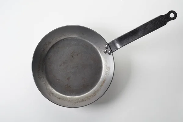 Top View Empty Small Old Aluminum Frying Pan Handle White — Stock Photo, Image