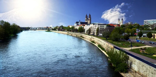 Vista Para Rio Elba Catedral Medieval Fundo Magdeburg Alemanha — Fotografia de Stock