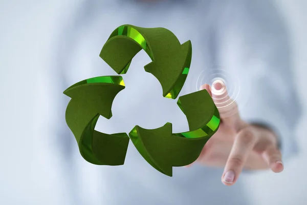 Eine Hand Die Ein Gerendertes Zeichen Des Recyclings Berührt — Stockfoto