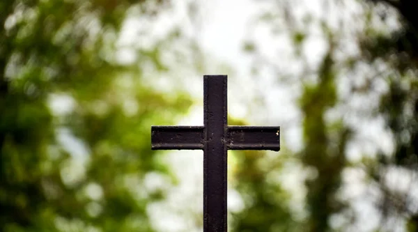 Ein Blick Auf Ein Schwarzes Metallkreuz Auf Einem Naturhintergrund — Stockfoto