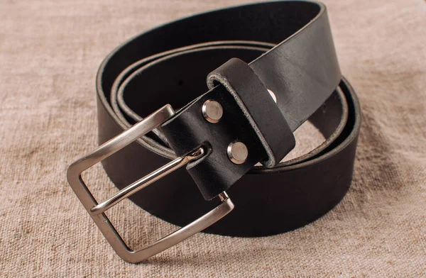 Closeup Shot Black Leather Belt Table — Stock Photo, Image