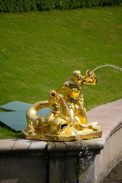 Primer Plano Una Escultura Fuente Oro San Petersburgo Palacio Peterhof — Foto de Stock