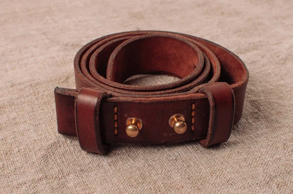 Closeup Shot Brown Leather Belt Table — Stock Photo, Image