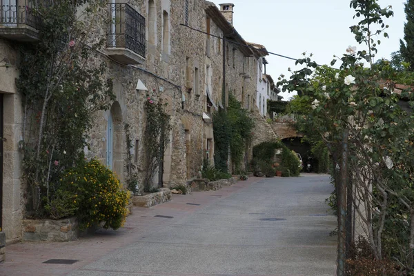 Pohled Prázdnou Ulici Krásnými Budovami Rostlinami Monells Girona Španělsko — Stock fotografie